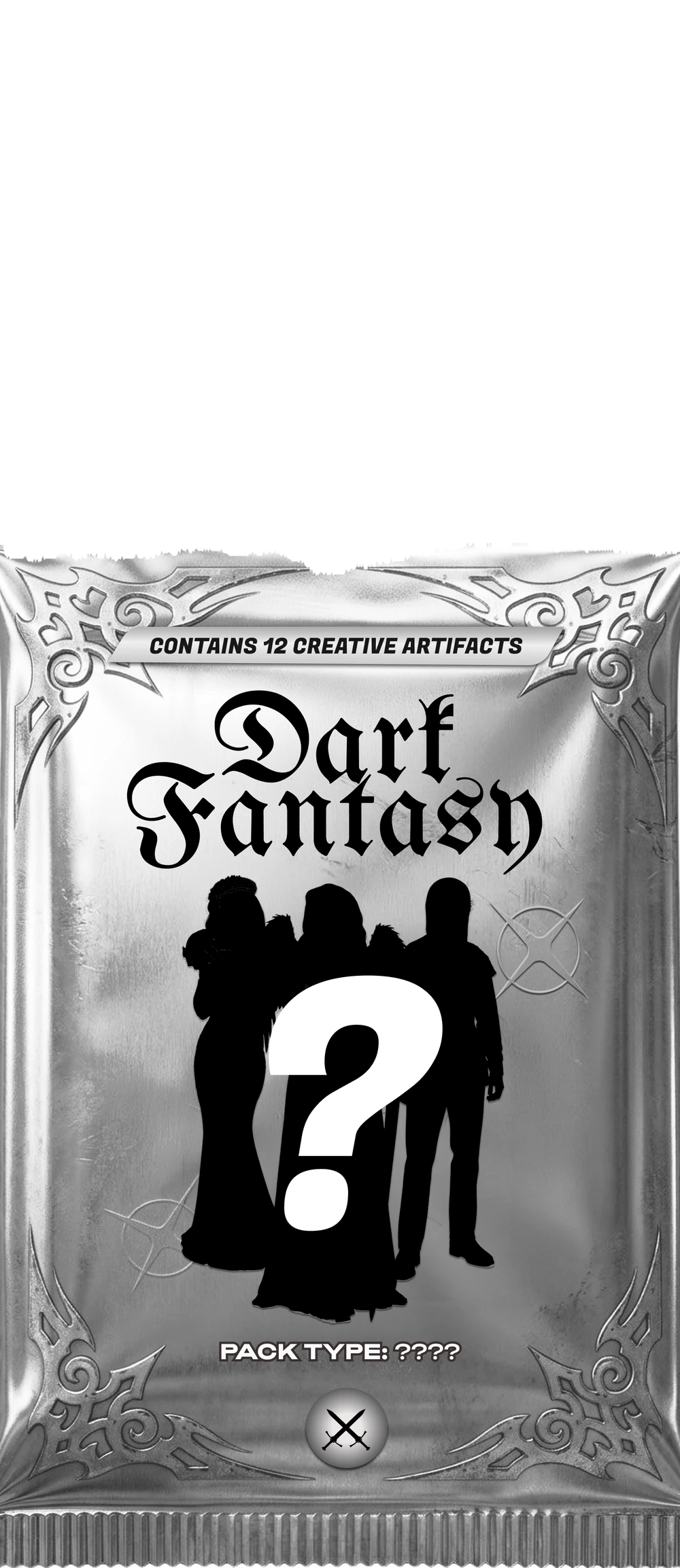 A torn silver Dark Fantasy pack with cards inside